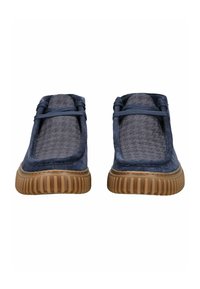 Blue suede slip-on shoes with gray textured upper, flat rubber sole with ridged pattern, and matching laces along the opening.