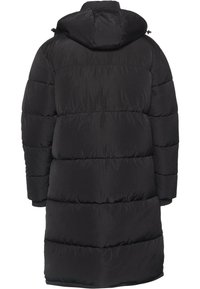 Svart puffjacka med huva, prydd med ett kviltat mönster och mjuk, glansig yta. Höftlängd med rak skärning, idealisk för kallt väder.