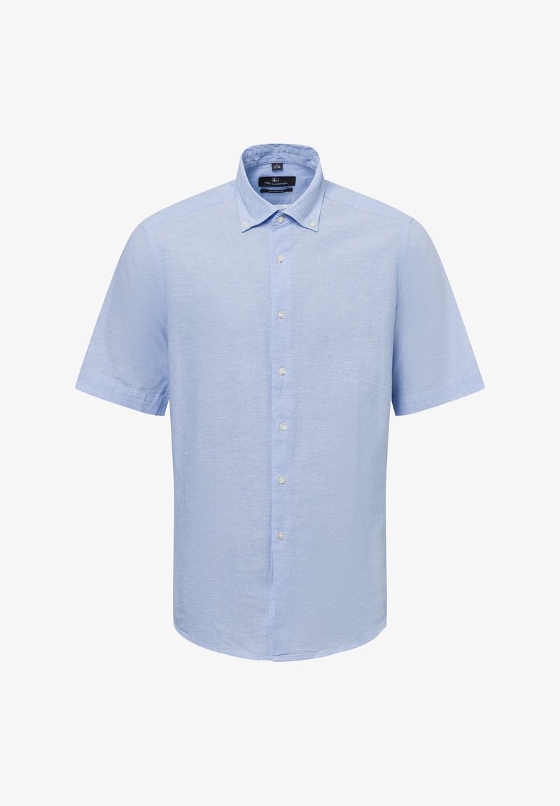 Light blue short-sleeve button-up shirt, made of a textured fabric, featuring a classic collar and a straight hem with buttons down the front.