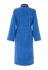 Accappatoio in spugna blu con maniche lunghe, una cintura e un colletto a righe blu, verde e bianco. Texture morbida e design fino al ginocchio.