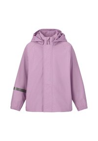 Veste de pluie lilas clair avec capuche, dotée d'une fermeture éclair à l'avant, de poignets élastiques et d'une bande réfléchissante grise sur la manche gauche.