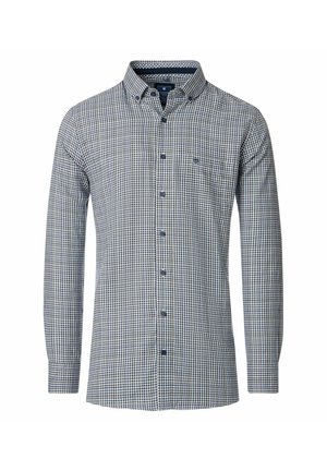 Herren Langarmhemd mit Knopfleiste, marineblau-weiß kariertem Muster und kleiner Brusttasche auf der linken Seite.