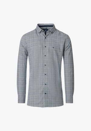 Heren overhemd met lange mouwen en knopen, navyblauw-wit geruit patroon en een klein borstzakje aan de linkerzijde.