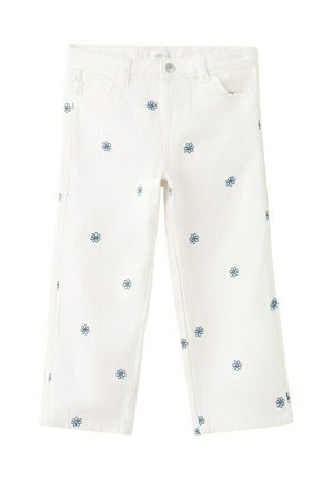 Pantalon blanc pour enfants avec une coupe droite, orné de petits motifs de fleurs bleues brodées partout.