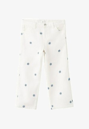 Biele nohavice pre deti s rovnostranným strihom, zdobené drobnými modrými vyšívanými kvetinovými motívmi po celej ploche.