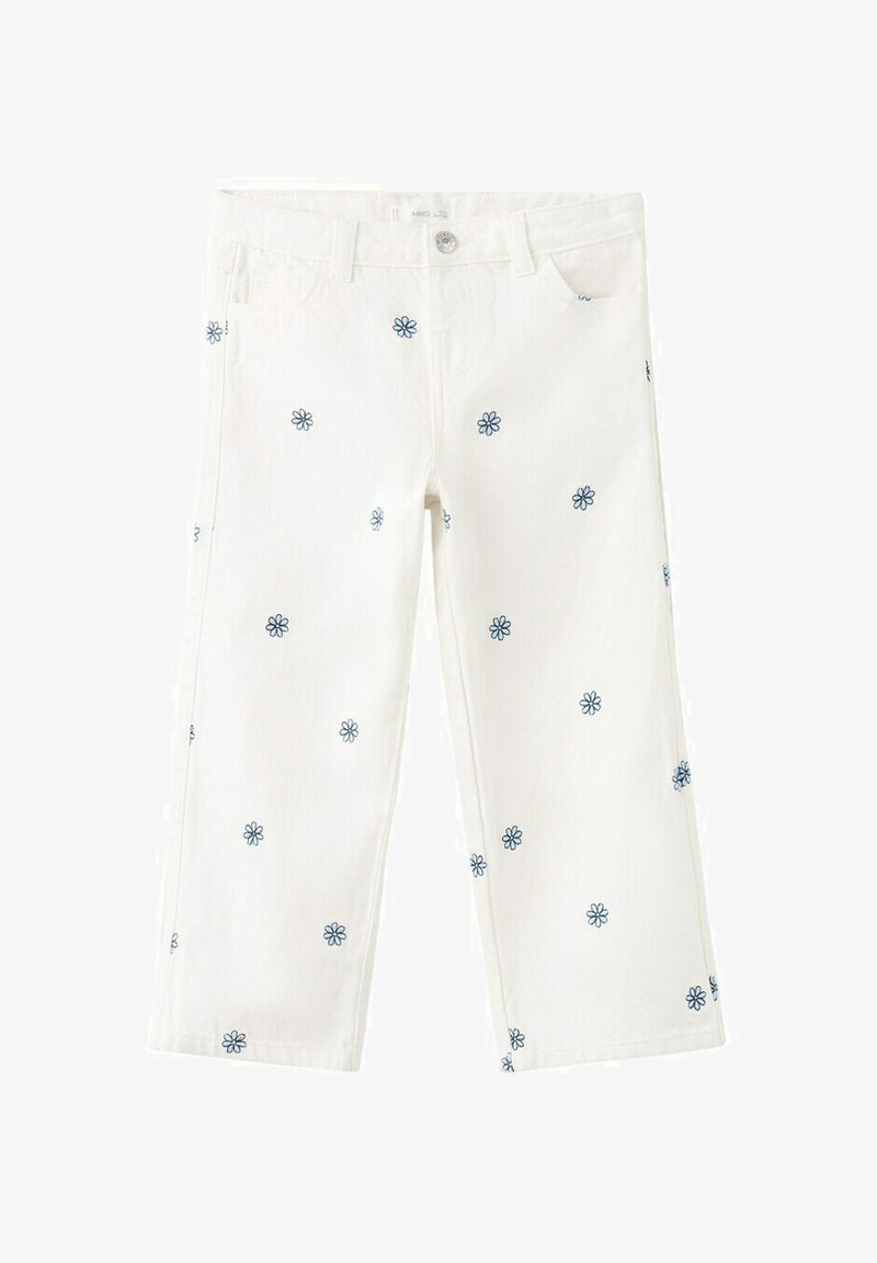 Pantalon blanc pour enfants avec une coupe droite, orné de petits motifs de fleurs bleues brodées partout.