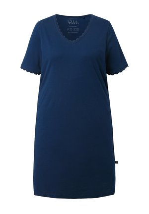Marineblaues Nachthemd mit kurzen Ärmeln, V-Ausschnitt und wellenförmigen Kanten an Ärmeln und Ausschnitt, aus weichem Stoff gefertigt.