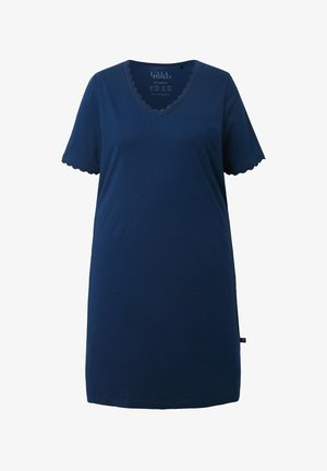 Marineblaues Nachthemd mit kurzen Ärmeln, V-Ausschnitt und wellenförmigen Kanten an Ärmeln und Ausschnitt, aus weichem Stoff gefertigt.