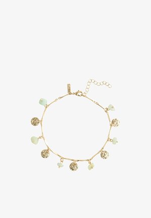 Gold-tone chain bracelet with alternating textured round charms and pale green stone beads, adjustable clasp and extension links.