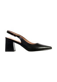 Escarpin slingback en cuir noir avec bout pointu et talon bloc, doté d'une bride réglable avec boucle.