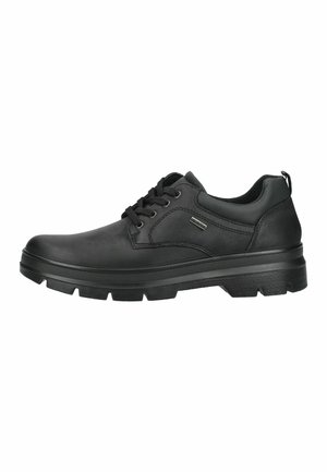 Schwarzer Leder-Schnürschuh im Casual-Look mit dicker, strukturierter Sohle und gepolstertem Schaft, seitlichem Metall-Markenlabel und Zuglasche an der Ferse.