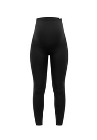 Leggings de maternité noirs avec une taille haute, texture lisse, coupe longue et matériau élastique pour le confort et le soutien.