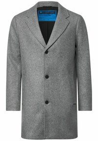 Abrigo de lana gris con cuello de muesca, diseño de abotonadura simple y un bolsillo en el pecho. Cuenta con cuatro botones y bolsillos laterales.
