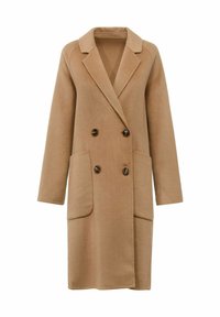 Brązowy płaszcz dwurzędowy z klapkowym kołnierzem, dwoma przednimi kieszeniami i ciemnymi guzikami. Wykonany z miękkiego, teksturowanego materiału. Długie rękawy.
