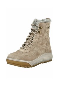 Botas de senderismo de ante beige con un cuello de piel sintética gris, cierre de cordones en la parte delantera y suela de goma antideslizante. Presenta ojales metálicos y detalles de costura.