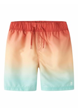 Meeste ujumispüksid elastse vöökohaga ja nöörsulguriga, millel on värvigradient korallist heleda virsiku ja hele siniseni.