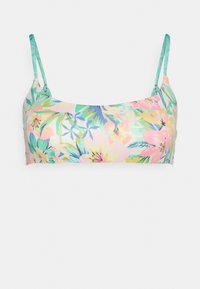 Top de biquíni floral com cores pastel, apresentando alças ajustáveis e um design sem costura. Tecido leve e suave com um padrão tropical.