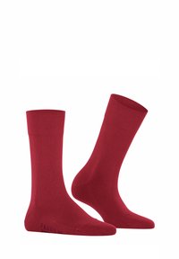 Rote Baumwollsocken mit glatter Textur, knielangem Design und verstärkter Ferse und Spitze. Mit Logo in der Nähe des Knöchels.