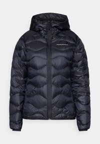 Navy puffer jacket with a hood, featuring a quilted texture, front zip closure, and a logo on the chest. Smooth, lightweight material.