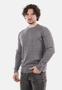 Maglione grigio a maglia intrecciata con polsini e scollatura a coste. Il design texturizzato presenta linee verticali, realizzato in un morbido materiale a maglia.