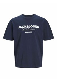 Camiseta de algodón azul marino de mangas cortas, con logo y texto blancos en el frente, escote redondeado y un corte relajado.