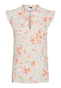 Květinová blůza z lehkého materiálu s růžovým, oranžovým a zeleným vzorem, véčkovým výstřihem a volánovými rukávy.