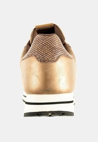Zadní pohled na metalické bronzové tenisky s texturovaným hnědým detailem na patě a bílou podrážkou s černými pruhy na bílém pozadí.