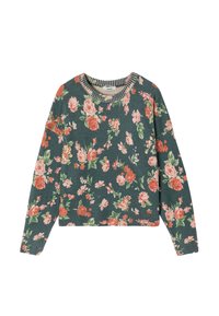 Pull-over fleuri en bleu sarcelle foncé avec des fleurs roses et blanches. Comprend un col et des poignets côtelés. Coupe courte avec une coupe décontractée.