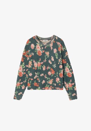 Pull-over fleuri en bleu sarcelle foncé avec des fleurs roses et blanches. Comprend un col et des poignets côtelés. Coupe courte avec une coupe décontractée.