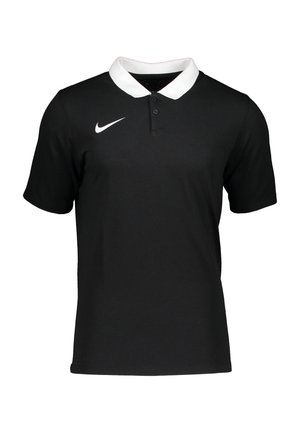 Polo noir à manches courtes, avec un col contrastant blanc, deux boutons et un logo Nike blanc sur la poitrine gauche. Texture de tissu lisse.