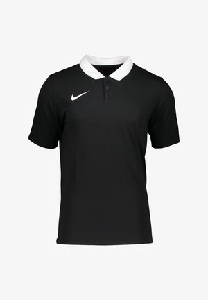 Schwarzes Polohemd mit kurzen Ärmeln, einem weißen kontrastierenden Kragen, zwei Knöpfen und einem weißen Nike-Logo auf der linken Brust. Glatte Stoffoberfläche.