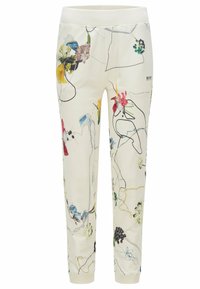 Vita sweatpants med blommönster i färger som röd, blå och gul, med svarta konturer. Elastisk midja och muddar.