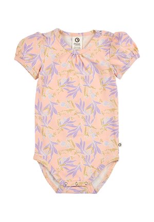 Baby-Strampler mit rosa Hintergrund, lila und beige floralem Blattmuster, kurzen Puffärmeln und Druckknöpfen am unteren Saum und an der Schulter.