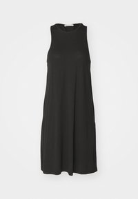 Mustat hihattomat midi-mekot, joissa on korkea pääntie ja löysä, virtaava siluetti, valkoista taustaa vasten.