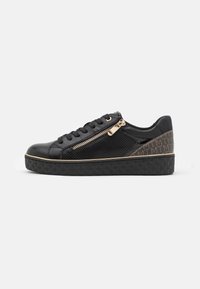 Black sneaker with a textured mesh side, gold zipper detail, and a patterned black heel. Features a platform sole with a diamond texture.