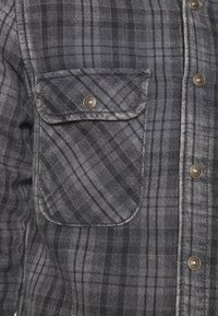 Graues kariertes Flanellhemd mit Brusttasche, silbernen Metallknöpfen, weicher Textur und klassischem Karomuster.