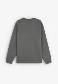 Sudadera de cuello redondo de manga larga en gris oscuro, colocada plana mostrando la parte posterior, con puños y dobladillo acanalados.