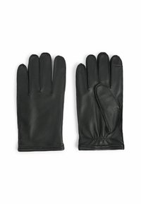 Gants en cuir noir avec une texture lisse, dotés de cinq doigts et d'un poignet élastiqué pour un ajustement sécurisé. Design minimaliste.