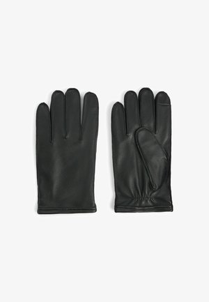 Luvas de couro pretas com uma textura suave, apresentando cinco dedos e um pulso elástico para um ajuste seguro. Design minimalista.