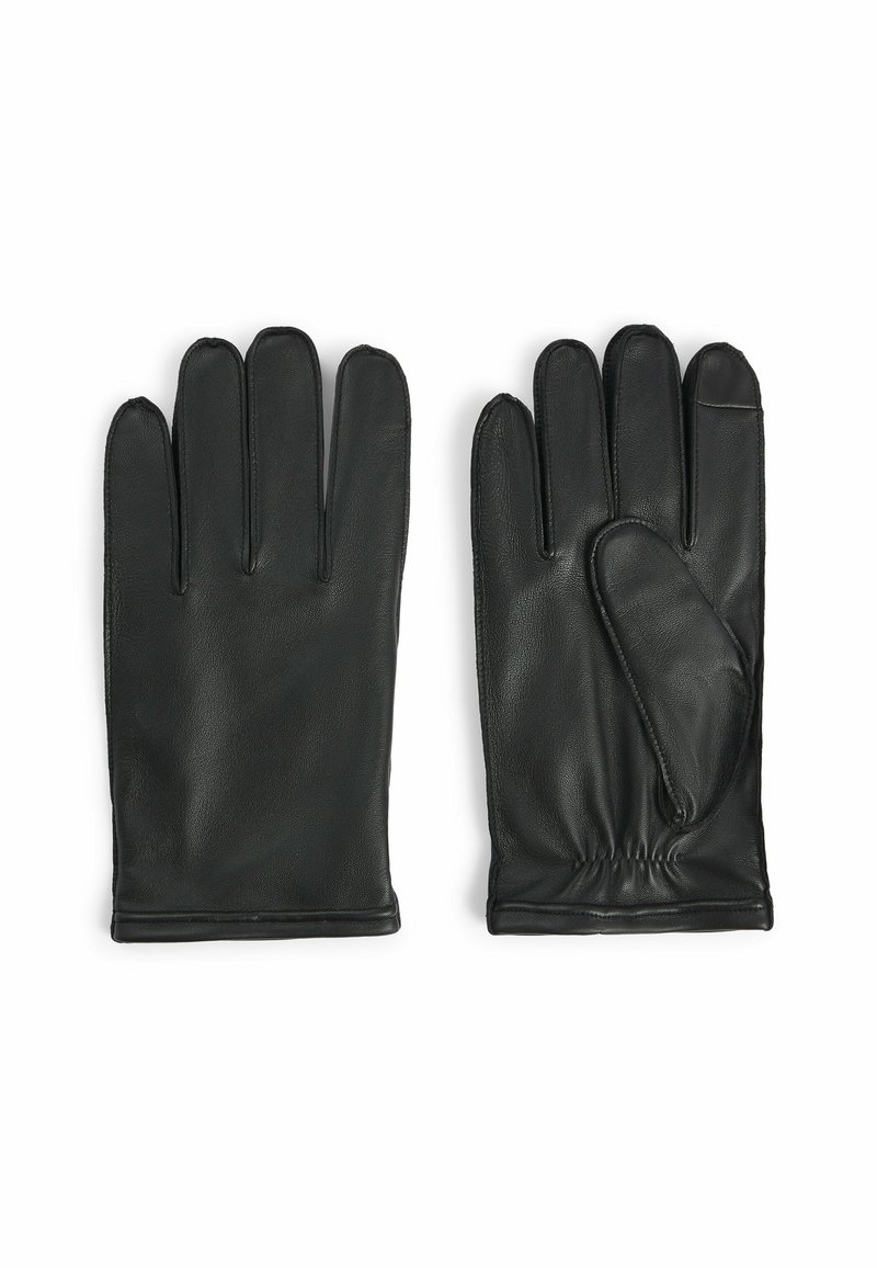 Gants en cuir noir avec une texture lisse, dotés de cinq doigts et d'un poignet élastiqué pour un ajustement sécurisé. Design minimaliste.