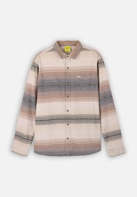 Camicia abbottonata in cremoso, marrone e grigia a righe. Presenta un colletto, maniche lunghe e una tasca sul petto. Tessuto morbido e strutturato.