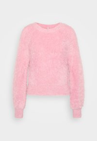 Roze fluffy trui met lange mouwen, ronde halslijn en zachte textuur. Heeft ribgebreide manchetten en zoom, wat het een gezellige uitstraling geeft.