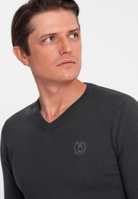 Maglione grigio a v-neck con un logo discreto sul lato sinistro del petto, realizzato in un tessuto liscio e con una vestibilità aderente.
