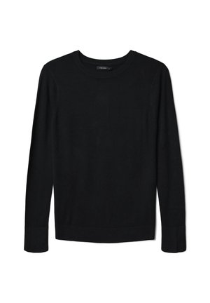 Maglione nero a maniche lunghe realizzato in un tessuto morbido, dotato di scollo rotondo e polsini a coste, con una silhouette semplice e pulita.