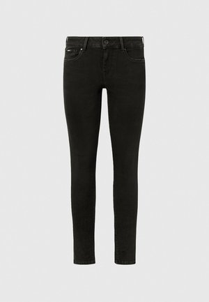 Black skinny jeans made of denim, featuring a five-pocket design, front button closure, and a smooth, slightly faded texture.