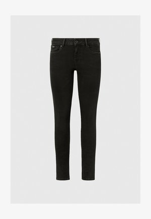 Schwarze Skinny Jeans aus Denim mit fünf Taschen, Knopfverschluss vorne und einer glatten, leicht verwaschenen Textur.