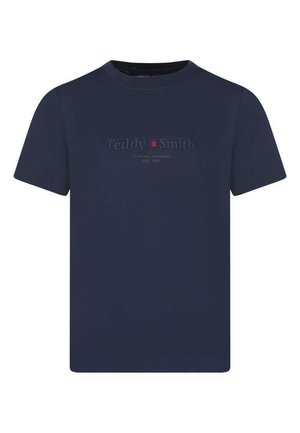 T-shirt bleu marine à manches courtes avec le texte embossé « Teddy Smith » et un petit logo carré rouge centré sur la poitrine.