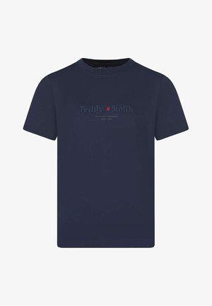 T-shirt bleu marine à manches courtes avec le texte embossé « Teddy Smith » et un petit logo carré rouge centré sur la poitrine.