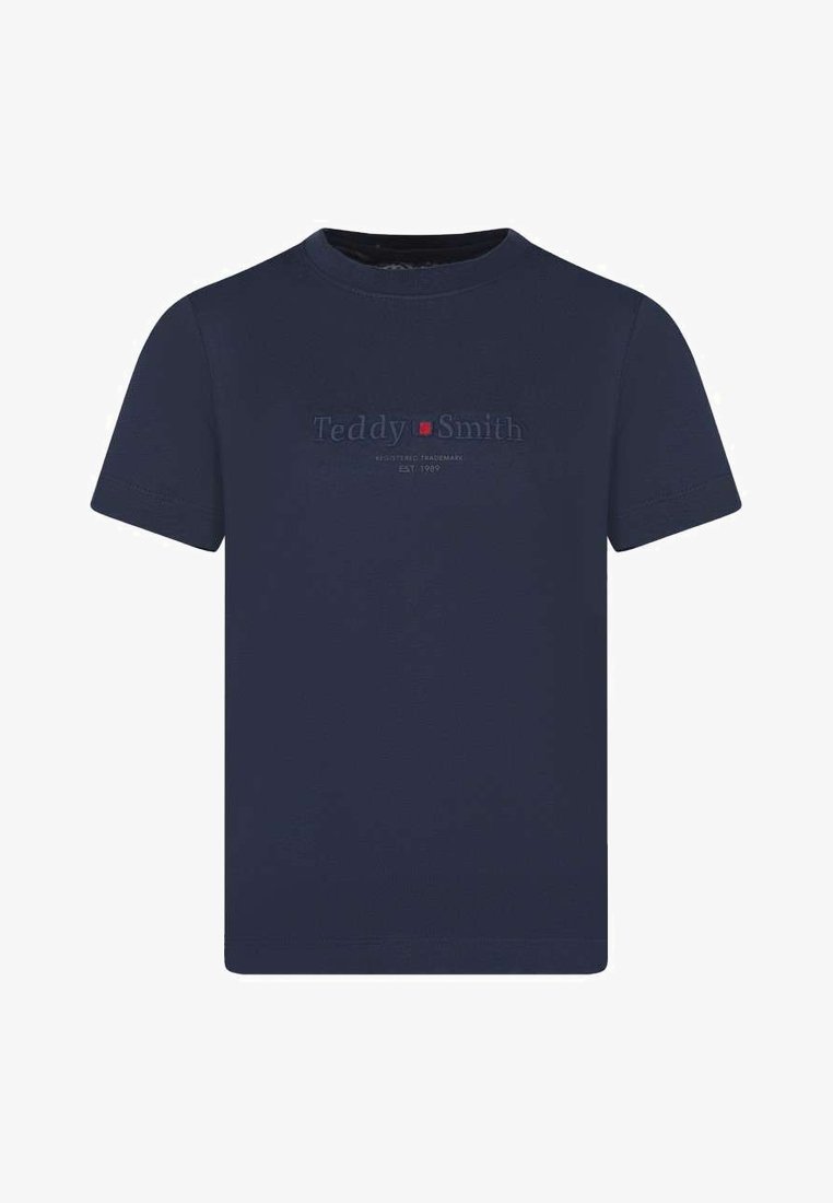 T-shirt bleu marine à manches courtes avec le texte embossé « Teddy Smith » et un petit logo carré rouge centré sur la poitrine.