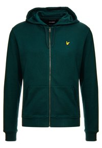 Tmavě zelená mikina na zip vyrobená z bavlněné směsi, s kapucí na šňůrku, klokankovými kapsami, žebrovanými manžetami a malým žlutým logem na hrudi.
